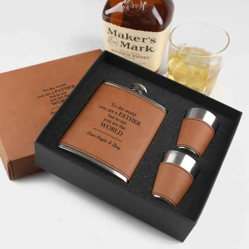 Personalised Engraved Father's Day Brown Leather Bound Hip flask, shot glasses and Presentation Box