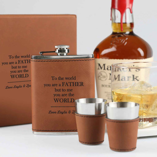 Customised Engraved Father's Day Brown Leather Bound Hip flask Present