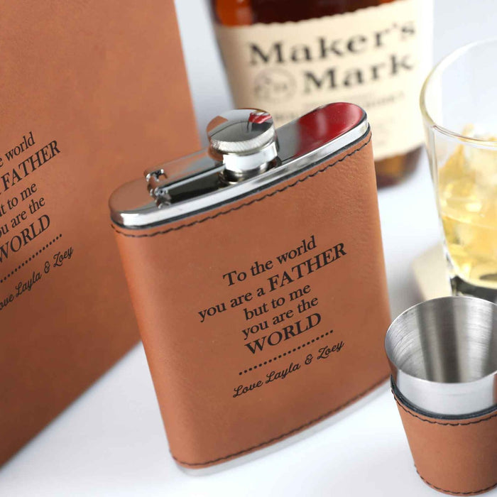Custom Designed Engraved Father's Day Brown Leather Bound Hip flask, shot glasses and Presentation Box