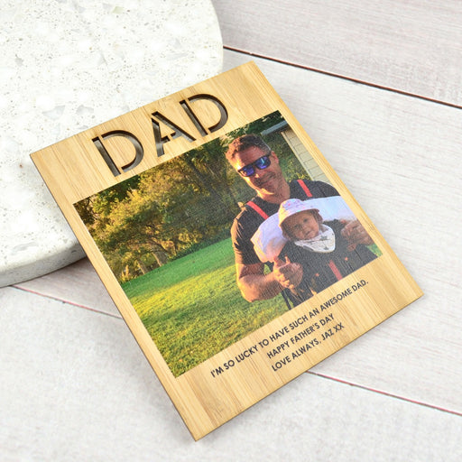 Colour printed photo and personalised Father's Day Message on a Wooden Card with Magnetic Backing Present