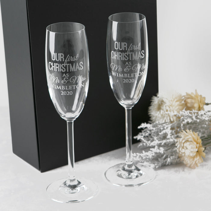 Customised Engrave Christmas Newly Weds Mr & Mrs Our First Christmas Champagne Glasses Present