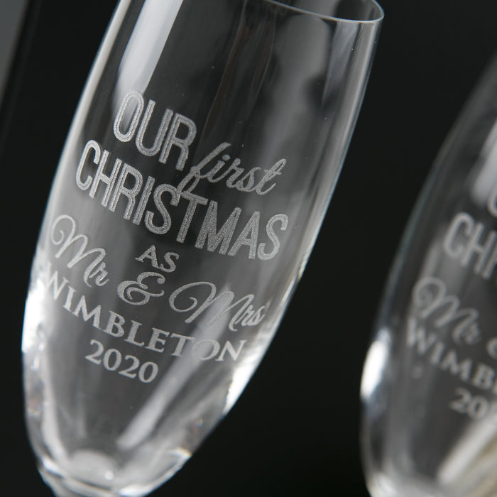 Custom Designed Engrave Christmas Newly Weds Mr & Mrs Our First Christmas Champagne Glasses Present