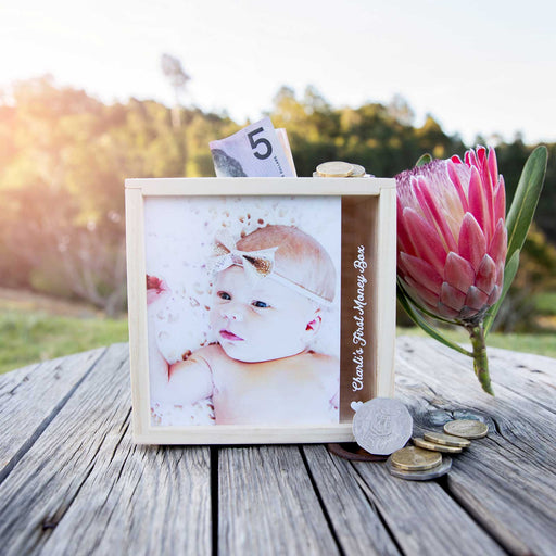 Photo Printed Child's First Wooden Money Box 
