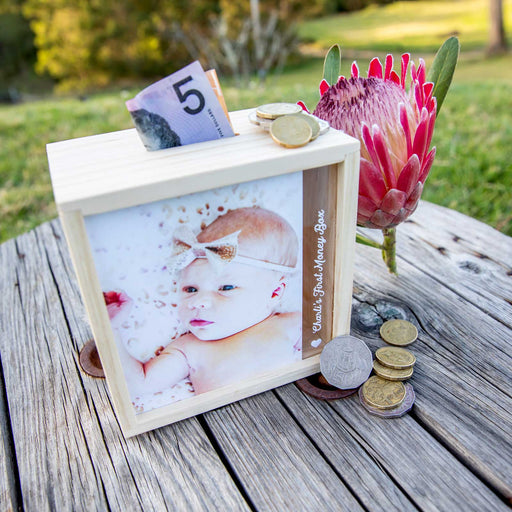 Custom Photo Printed Child's First Wooden Money Box Christening Gift