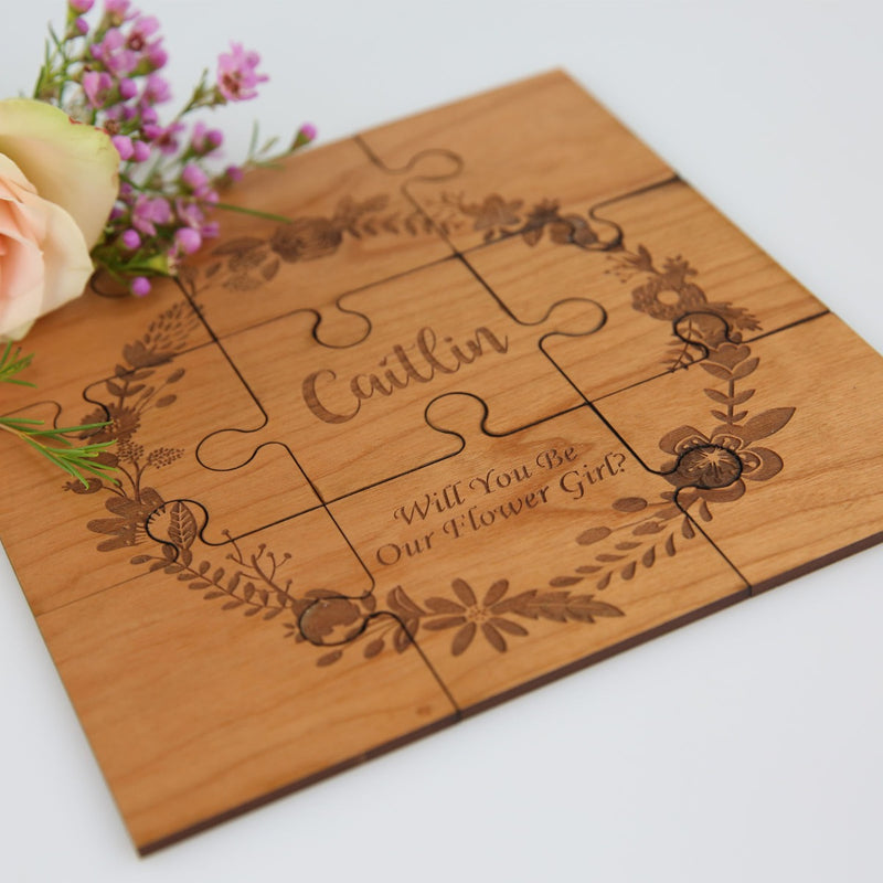 Personalised engraved "will you be my flower girl" wooden wedding puzzle piece set