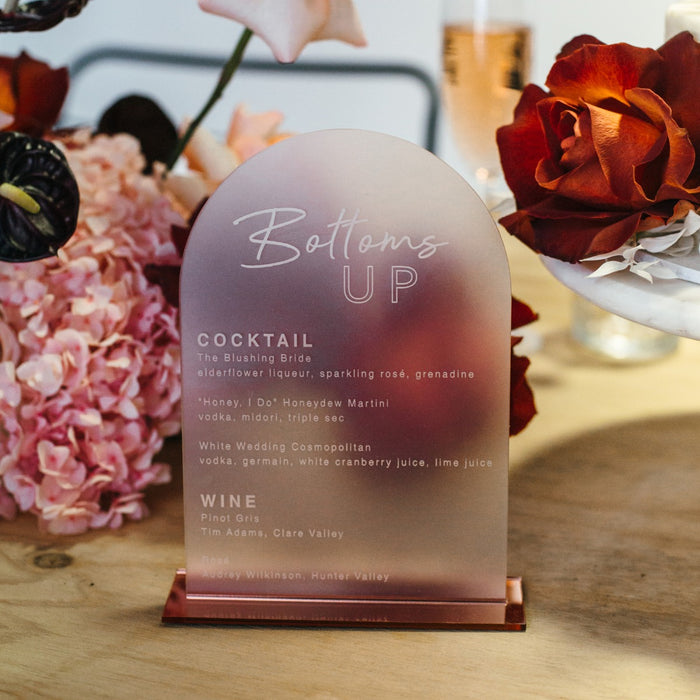 Rounded Acrylic Wedding Drink Menu with Stand