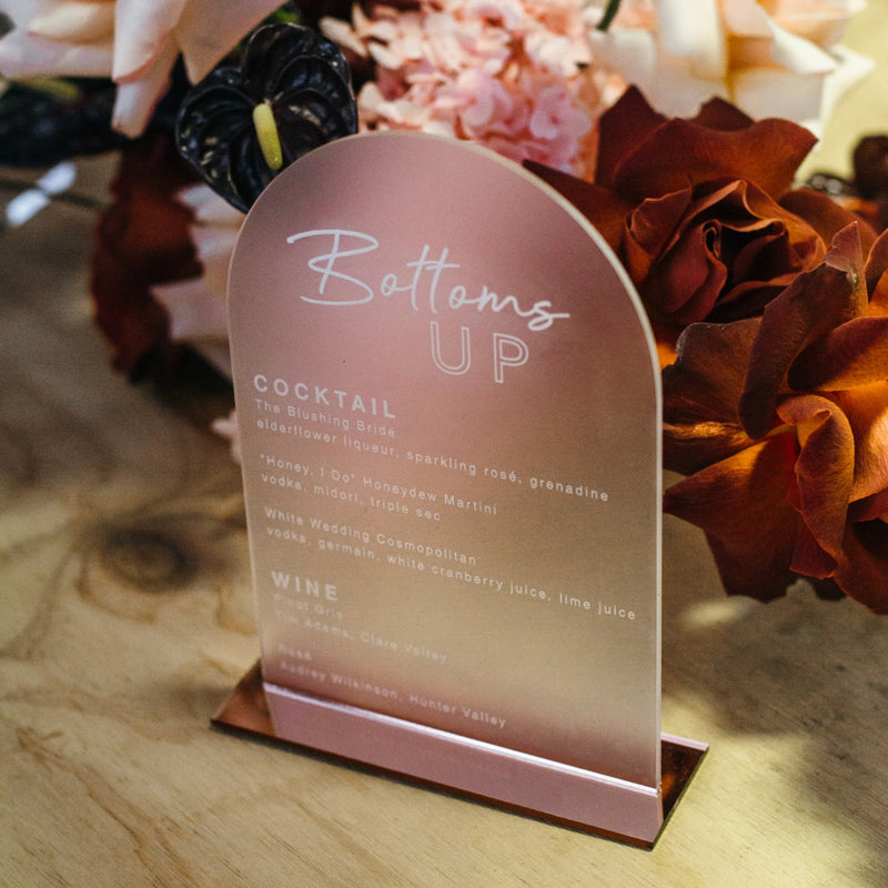 Rounded Acrylic Wedding Drink Menu with Stand