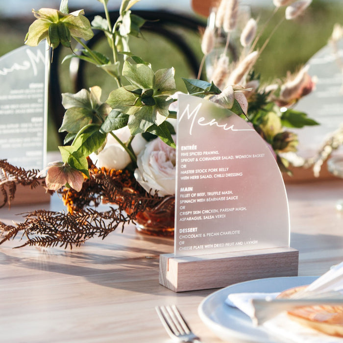 Engraved Frosted Acrylic Sail Menu with Wooden Base