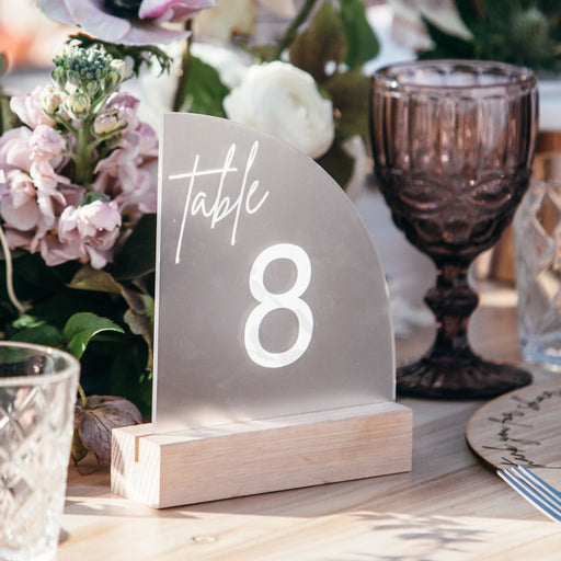 Personalised Engraved Frosted Acrylic Sail Wedding Reception Table Number with Wooden Base