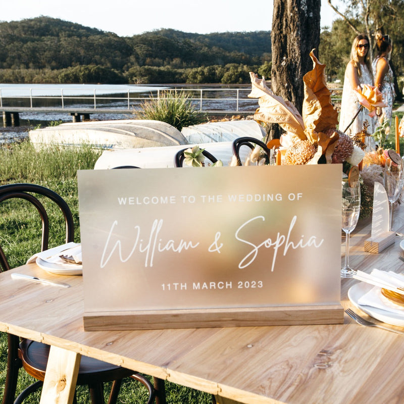 Engraved Acrylic Wedding Sign with Wooden Base