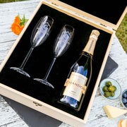 Personalised champagne gift set with engraved flutes and wooden box