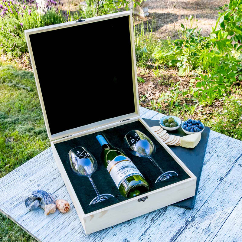 Personalised wine gift set with engraved wooden box and glasses