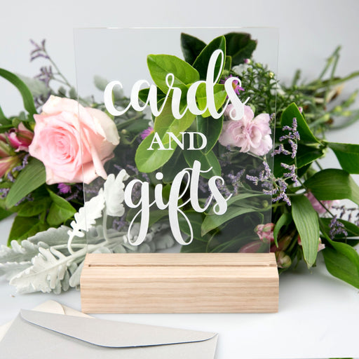 Engraved Clear Acrylic Wedding Gifts & Cards Sign with Wooden Base