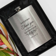 Custom Designed engraved Godparent's Godfather Silver Hip Flask Present