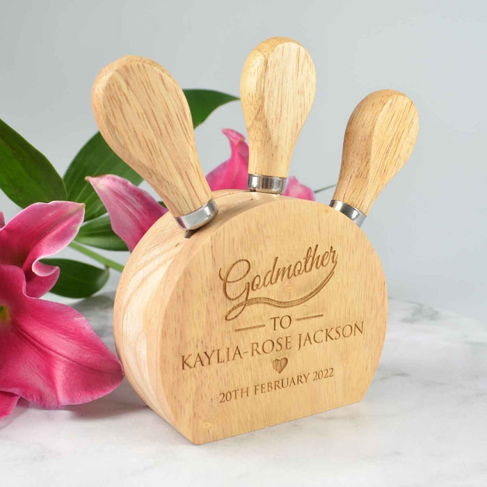 Personalised Engraved Godparent Wooden 3 Piece Cheese Knife Block Set Present- Godmother