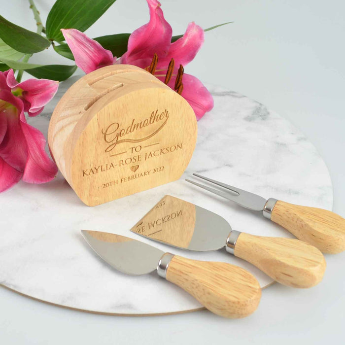 Custom Designed Engraved Godparent Wooden 3 Piece Cheese Knife Block Set Present- Godmother