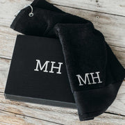 Customised Engraved Black Leatherette Golf Gift Set with Embroidered Black Golf Towel