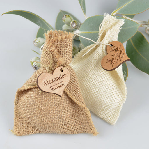 Light and Dark Hessian Wedding favours Bags with Personalised engraved Wooden Gift Tag