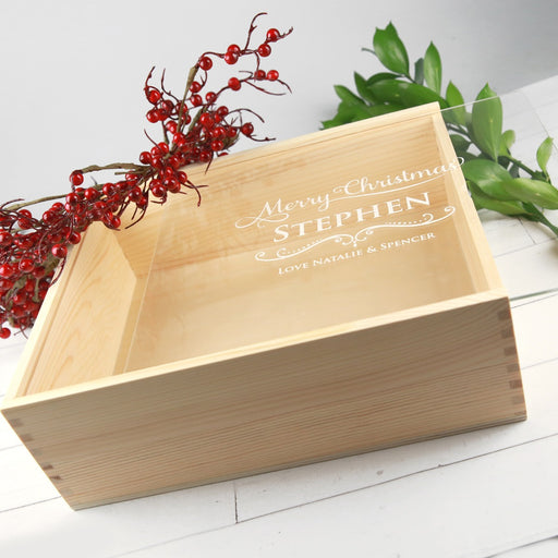 Customised Engraved Natural wooden Secret Santa Christmas Box With Sideable Acrylic Lid Male Gift