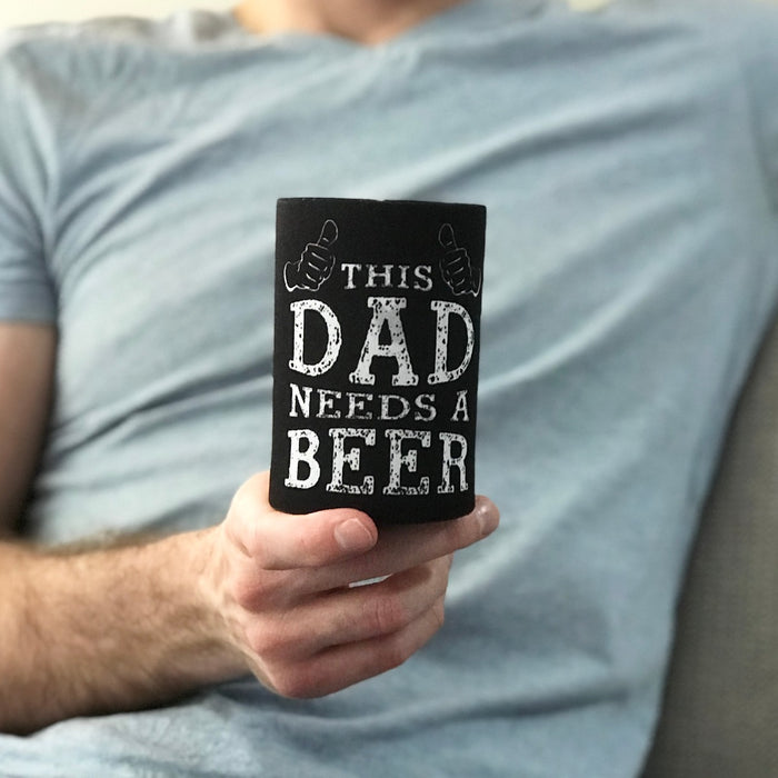 Thumbs up black Stubby Holder " This Dad needs a Beer Stubby Holder" Father's Day Gift