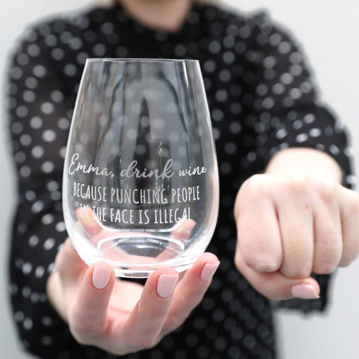 Drink Wine instead of violence personalised stemless wine glass