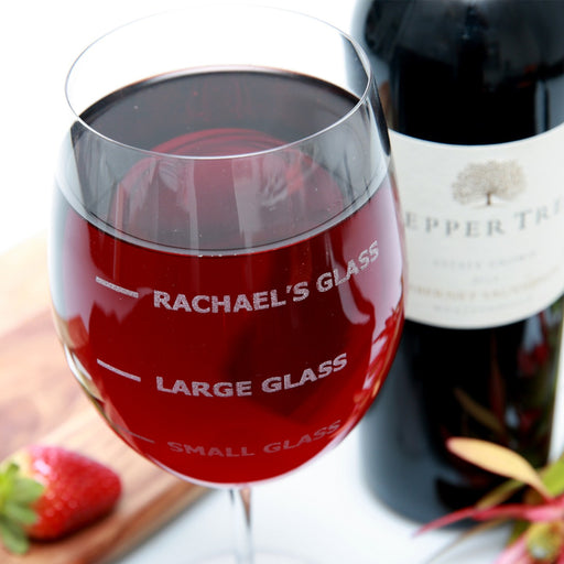Custom Designed Engraved 745ml Birthday wine glass present labelled with recipient's name, large glass and small glass