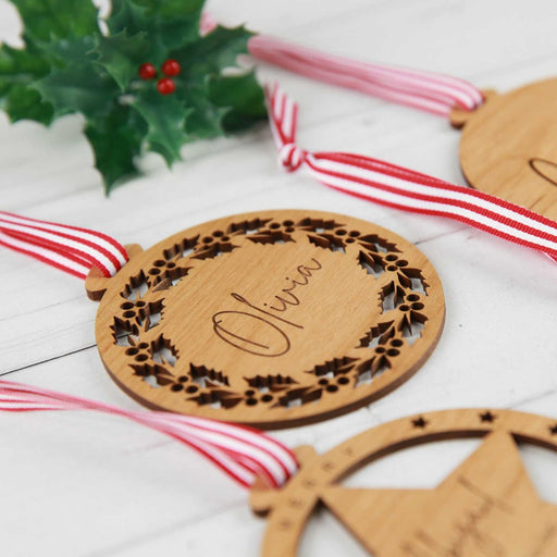 Customised Engraved Wooden Christmas Bauble Decoration Present With Candy Ribbon