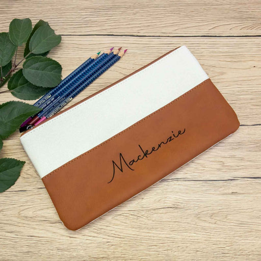 Personalised Engraved Name White Tan Leatherette Child School Pencil Case