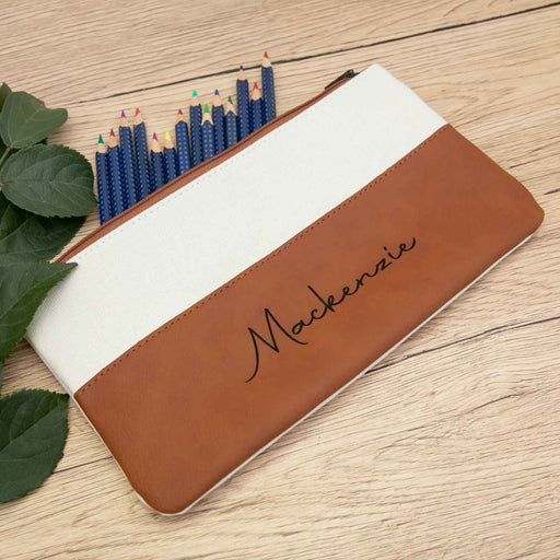 Customised Engraved Name Tan Leatherette Pencil Case