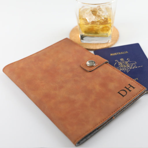 Customised Engraved Christmas Tan Initials Leatherette Passport Holder Present