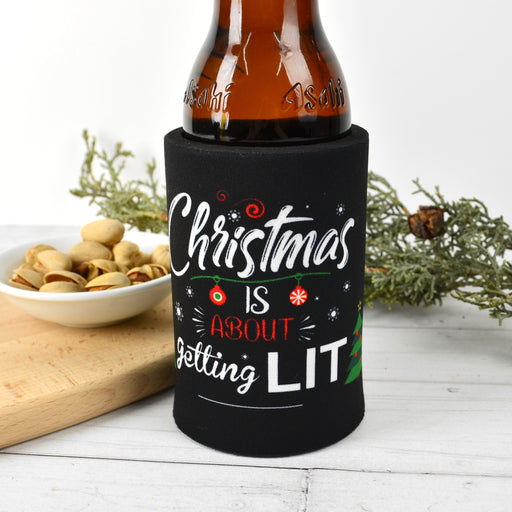 Black Christmas Printed Stubby Holder Christmas is about getting Lit