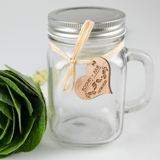 Mason jar with engraved wooden gift tag for wedding favours