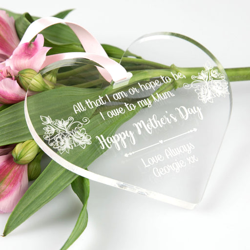Personalised Engraved Mother's Day Clear Acrylic Heart Decoration Present