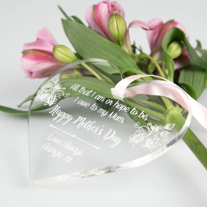 Customised Engraved Mother's Day Clear Acrylic Heart Decoration Gift