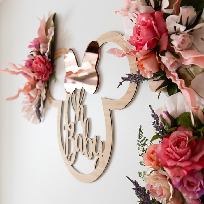 Custom Designed laser Cut Minnie Mouse 'Oh Baby' Bamboo and rose Gold Acrylic Sign