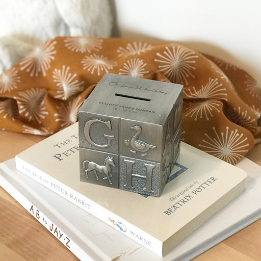 Personalised Engraved Pewter Alphabet Cube Money Box Present