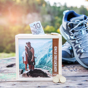 Custom Photo Printed Adventure Fund Wooden Money Piggy Bank Box