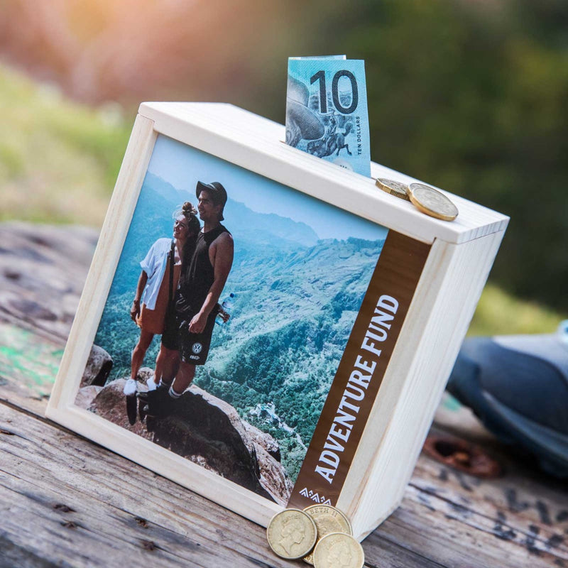 Photo Printed Adventure Fund Wooden Money Piggy Bank Box