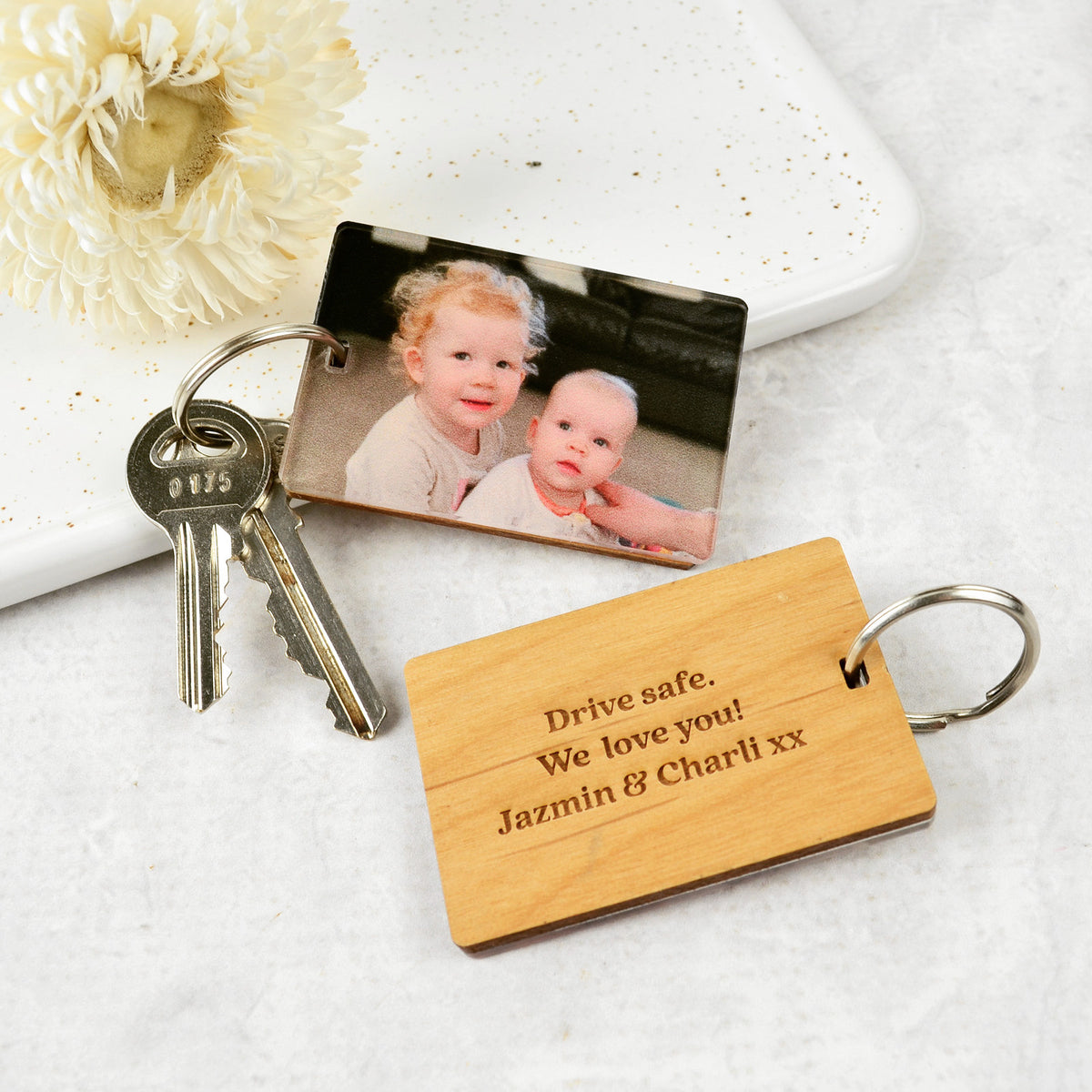 Personalised photo print keyring with engraved wooden message plaque