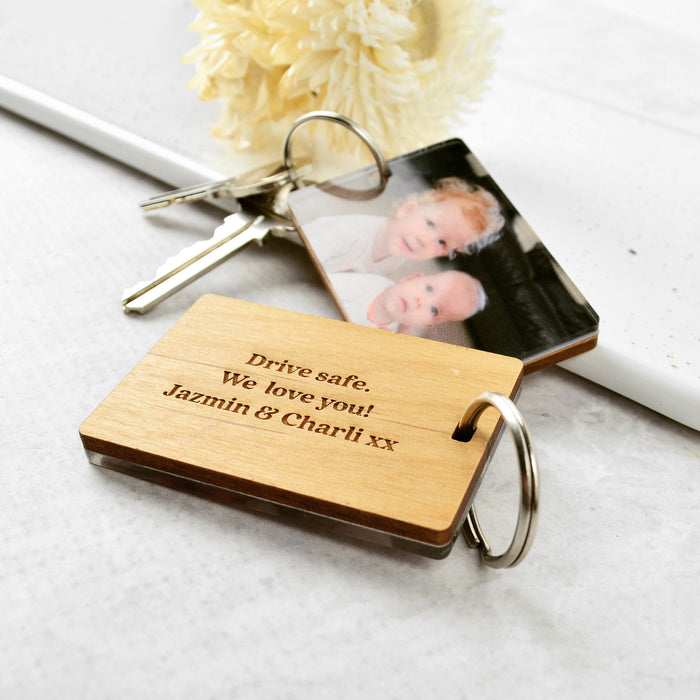 Customised Photo Printed Clear Acrylic Keyring With Wooden Engraved Message Backing