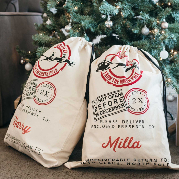 Printed Calico Christmas Santa Sack with Drawstring Personalised