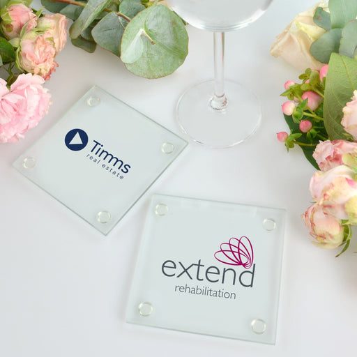 Colour Printed Corporate logo on Clear Glass Coaster Gift
