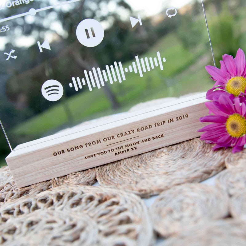 Printed A4 Acrylic Spotify Song Code Plaque with Engraved Wooden Base