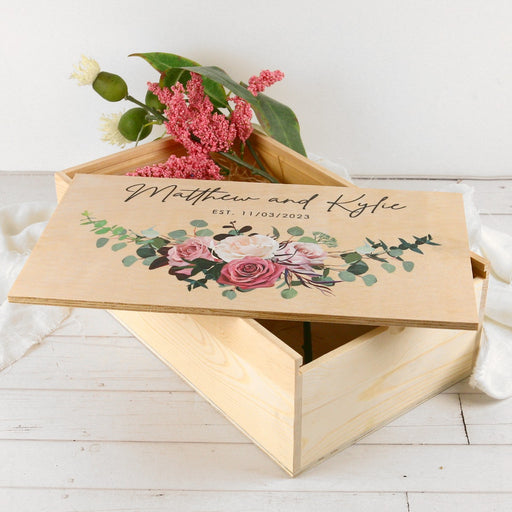 Customised Colour Printed Natural Pine Wedding Memory Box Bride & Groom Present