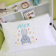 Custom Printed Name Grey Bunny Rabbit on White Pillowcase