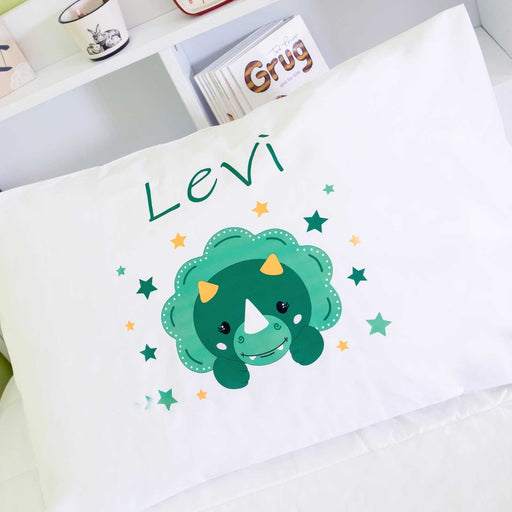 Customised Printed White Pillowcase with Green Dinosaur