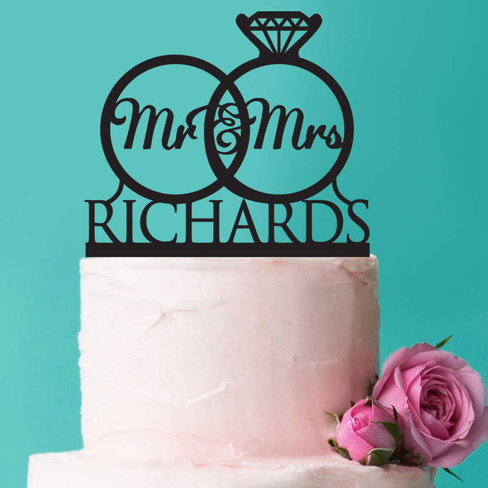 Personalised Black Acrylic Mr & Mrs Surname wedding rings Acrylic Cake Topper