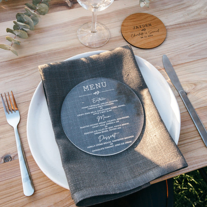 Personalised Engraved Round Clear Acrylic Wedding Menu