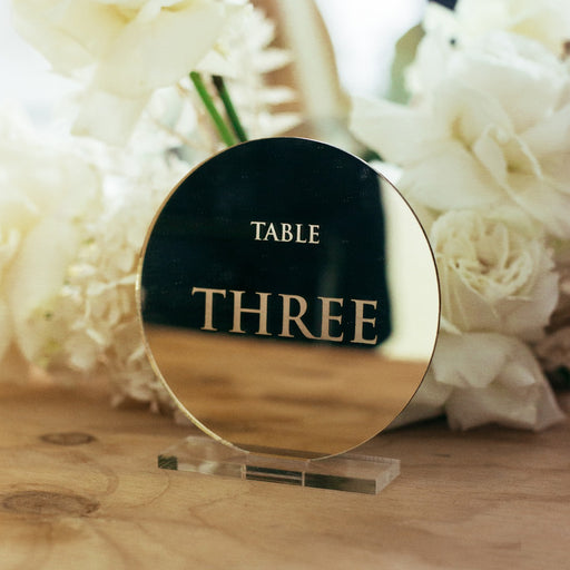 Personalised Engraved Mirror Gold Round Wedding Reception Table Number