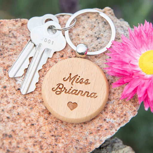 Personalised Engraved Round Wooden Keyring Teacher's Gift